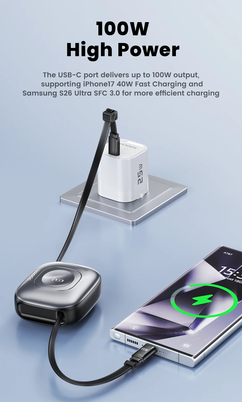 Toocki 2-in-1 ausziehbares Kabel PD100W USB-C Schnellladekabel + 2,5W kabelloses Uhren-Ladegerät für iPhone/Apple Watch Xiaomi Huawei – Detail 4