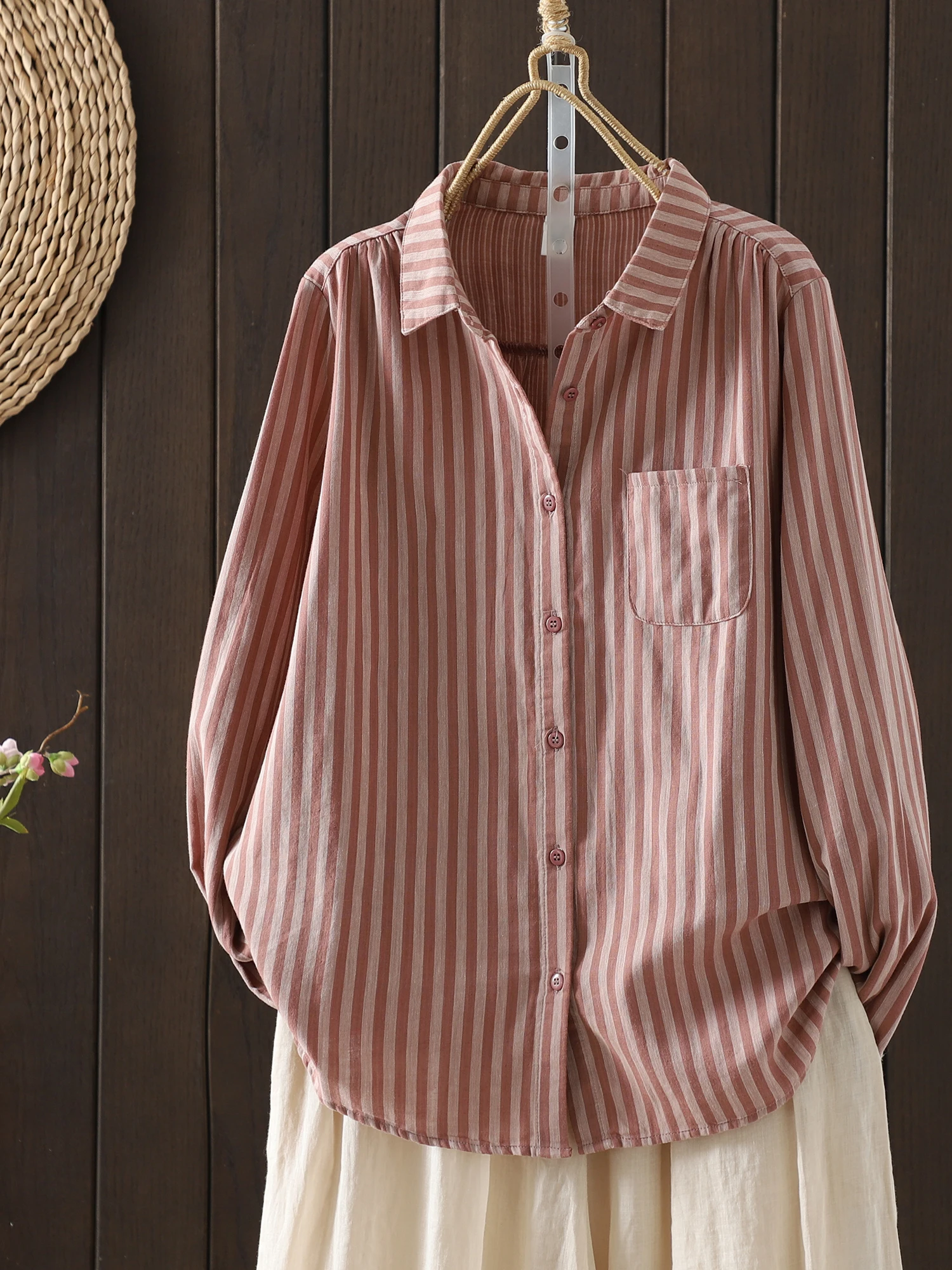 

Женский длинный све в полоску из чистого хлопка, свободный крой, повседневный универсальный весенне-осенний свободный топ с мясным покрытием, двухслойный хлопок