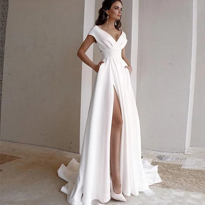 Customized A Line Women Wedding Dresses V Neck Side Slit Bridal Gowns Court Train Vestido De Noiva robe de mariée