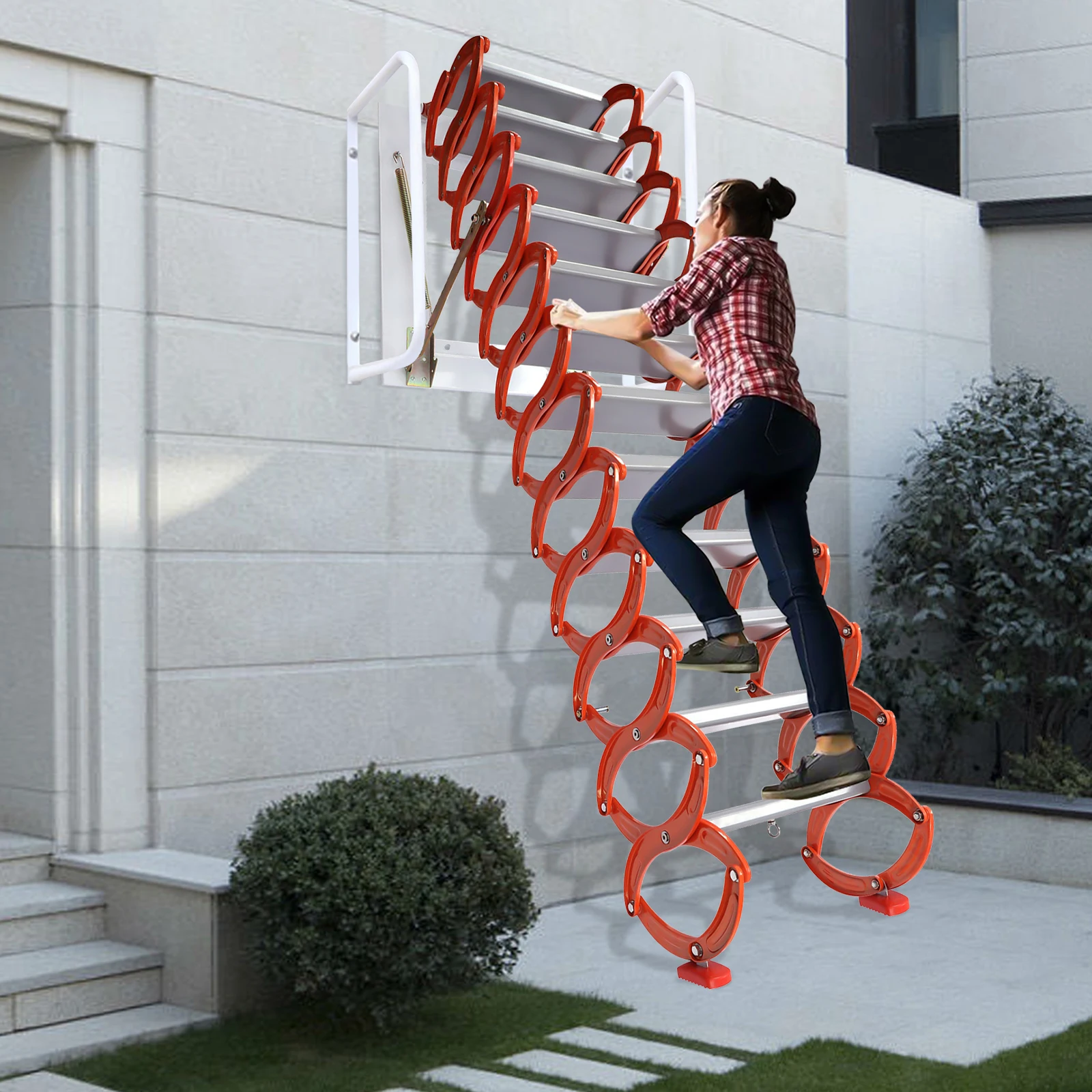 

12-Steps Folding Attic Extension Ladder 10.17ft Narrow Wall-Mounted Loft Stairs Retractable