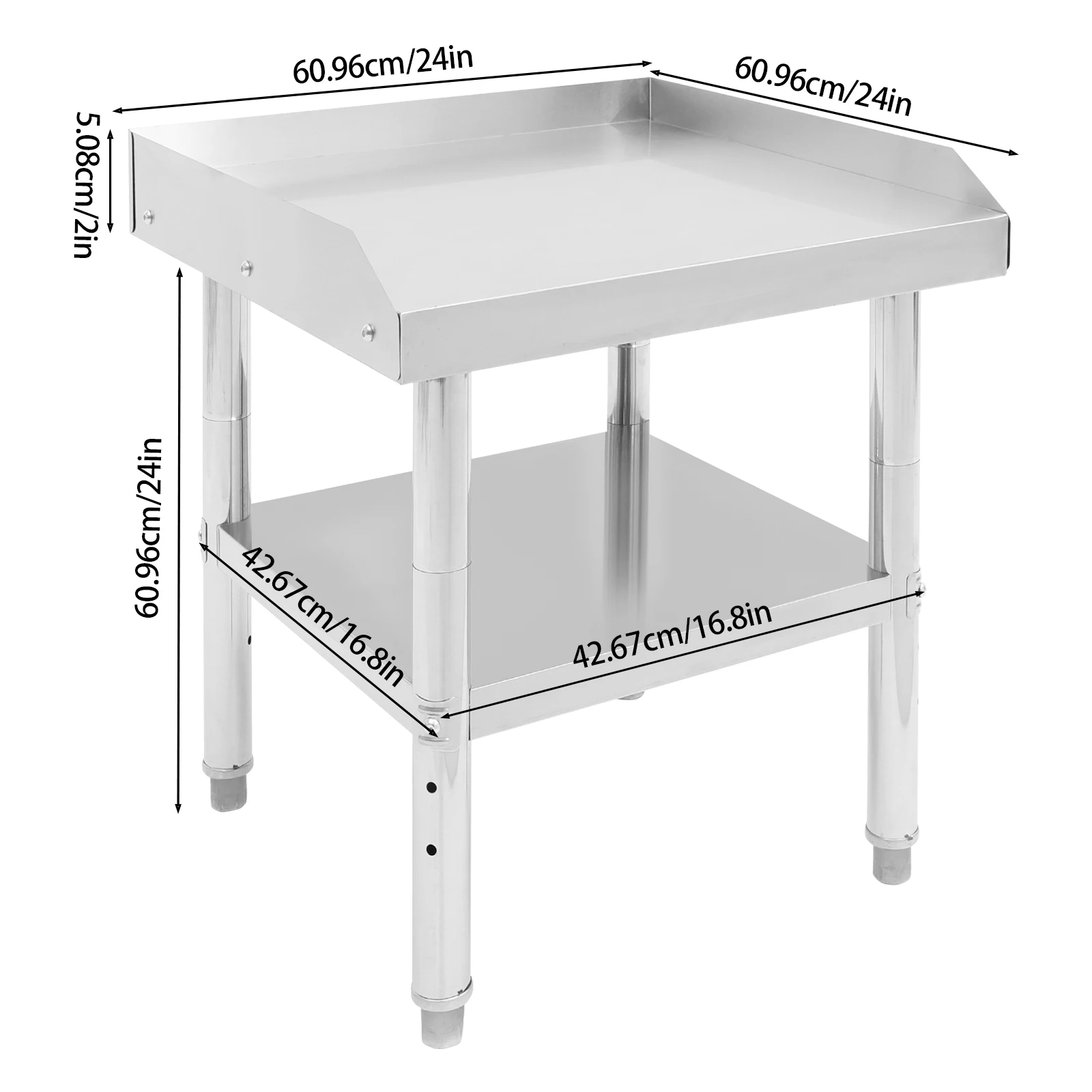 24*24*24-25in Silver Commercial Work Table, Adjustable Work Table with Backsplash, Prep Table for Kitchen, Restaurant, Garage