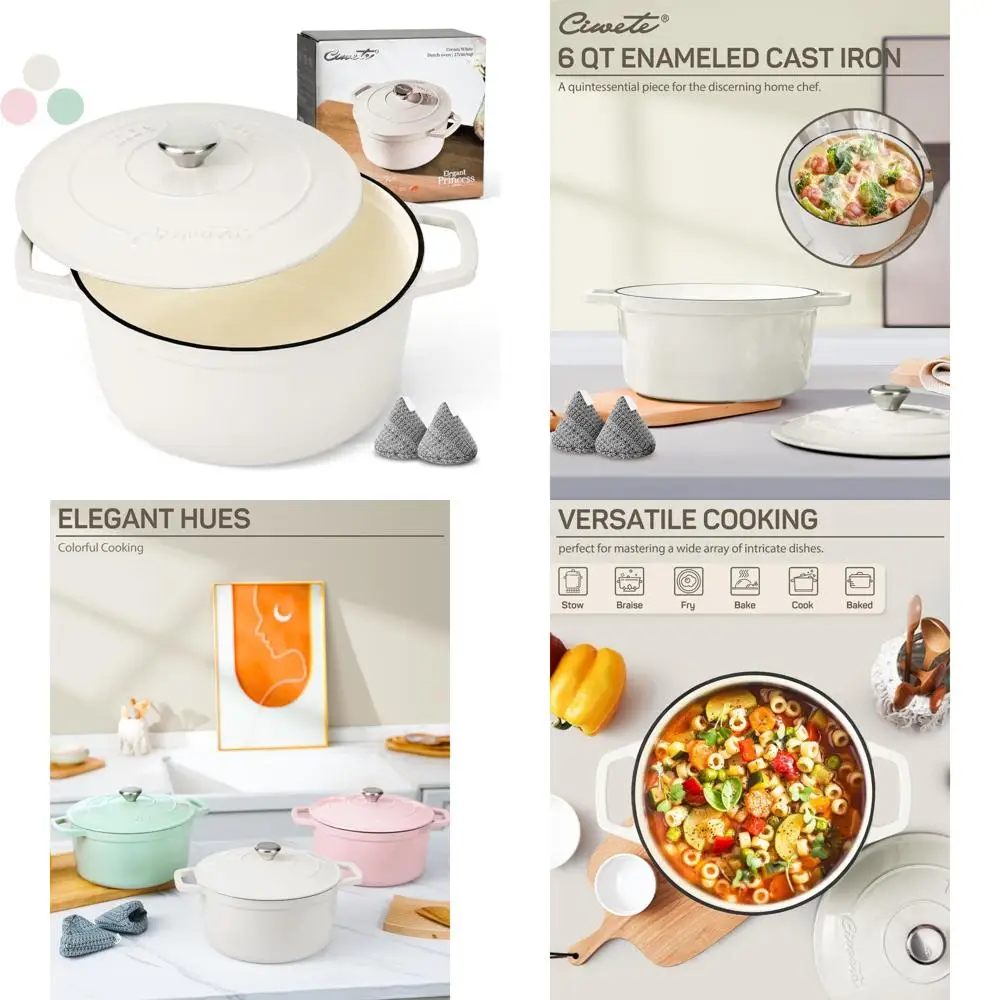 

Enameled Cast Iron Dutch Oven Pot with Lid, 6-Quart, Perfect for Bread Baking, Braiser Cooking, Dual Handle Design, Oven Safe up