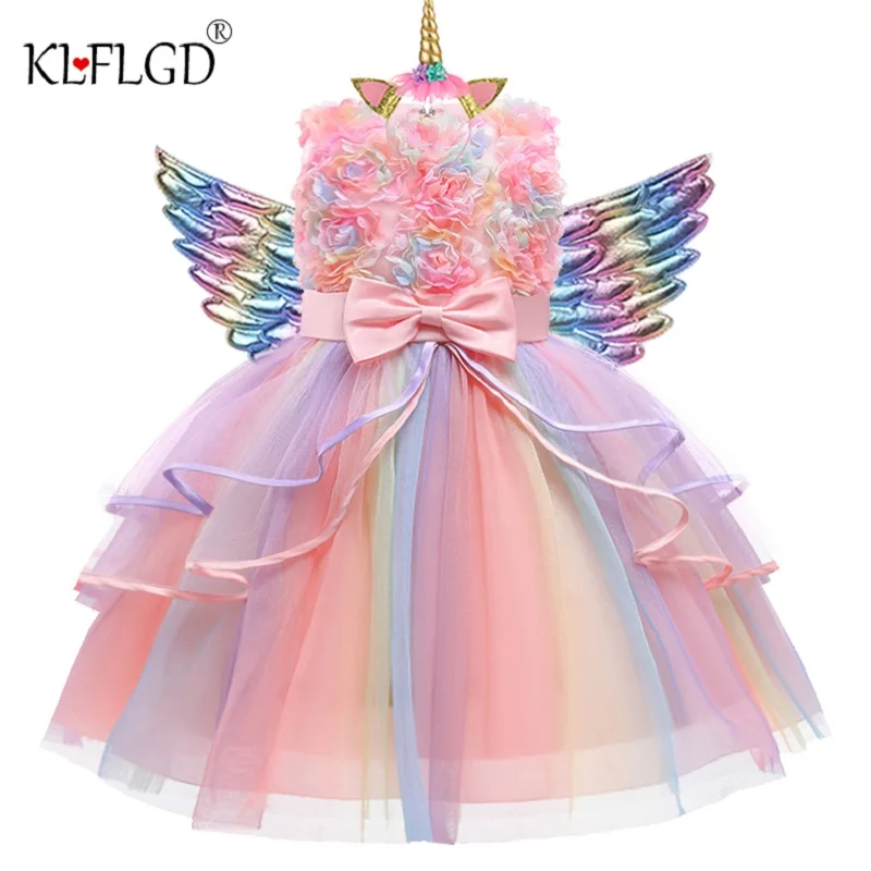 New 3pcs Baby Girls Dress Pastel Rainbow Princess For Summer Birthday Party Dress Unicorn Cosplay Perform Children Costume