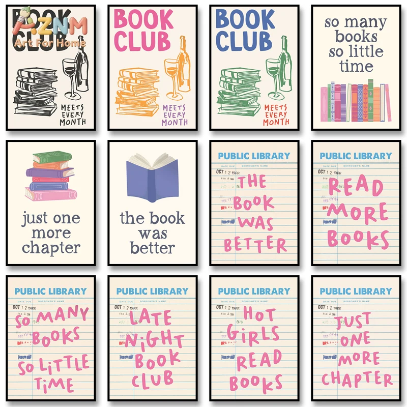 AZNM Book Club Canvas Wall Art, Book Lover Quote Print, Retro Library Themed Decor for Reading Room