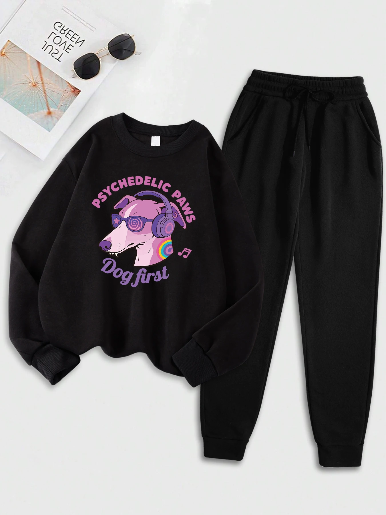 

Женский костюм с психоделическими лапами и первым принтом собаки, осенняя повседневная одежда, дышащие мягкие толстовки, удобный модный комплект с капюшоном