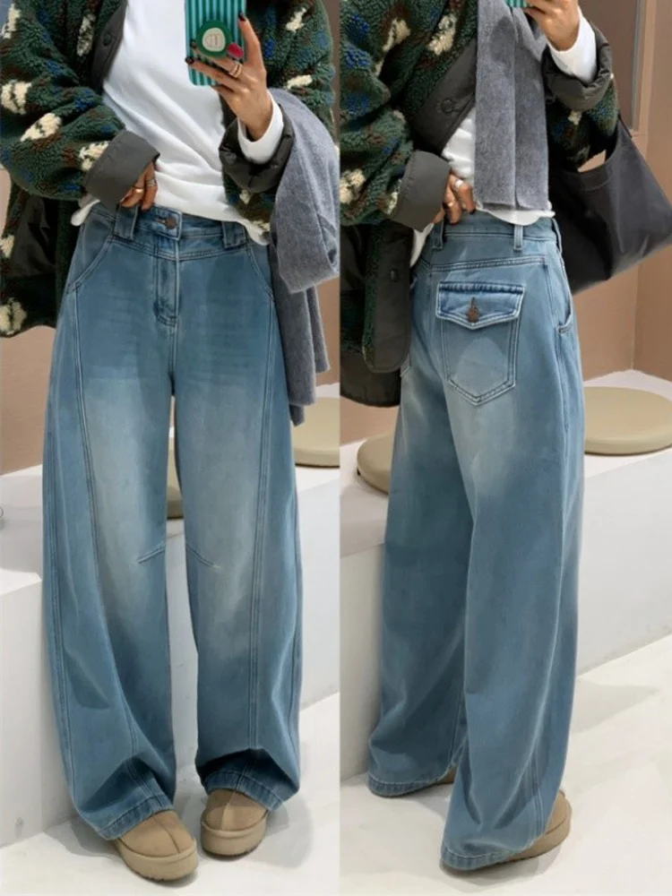 

Loose Fit High Waist Wide Leg Fce Lined Straight Cut Jeans FEITA Casual High Waist Jeans Soft Fabric Warmth for Autumn Winter