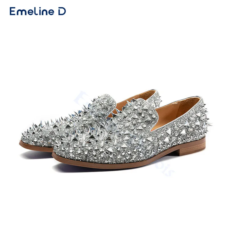 Silver Studded Luxury Loafers Round Toe Chunky Heels Slip-On Shiny Rhinestone Casual Shoes Fashionable Men's Performance Shoes