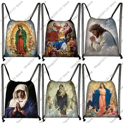 Sac à dos imprimé de la vierge marie pour femmes, sac à dos à cordon, sac de rangement à bandoulière pour adolescents, porte-chaussures de voyage