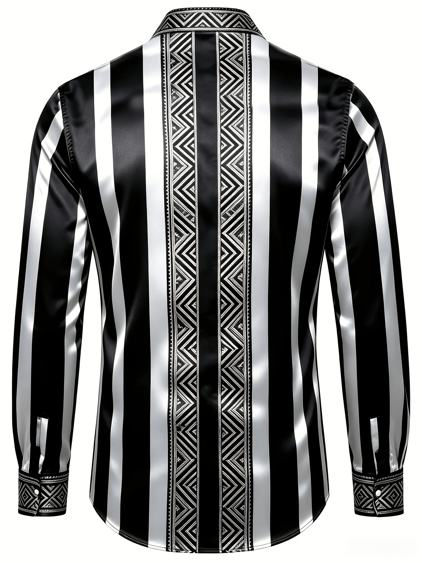 Men's Long Sleeve Shirt Autumn Black White Vertical Stripe Ethnic Geometric Print Lapel Button‑Up Casual Streetwear Men Clothing