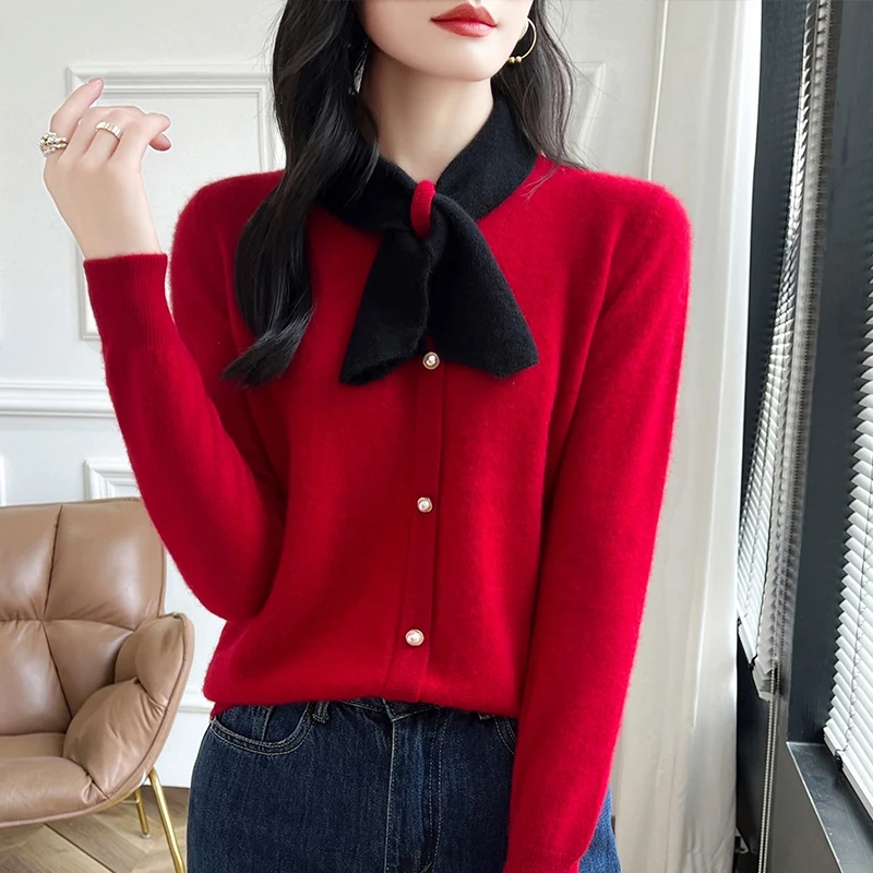 100% Pure Wool Knitwear Women's Bow Collar Fake Two-Piece Knitwear Color Matching Elegant Knitted Knitwear Slimming Look Bottomi