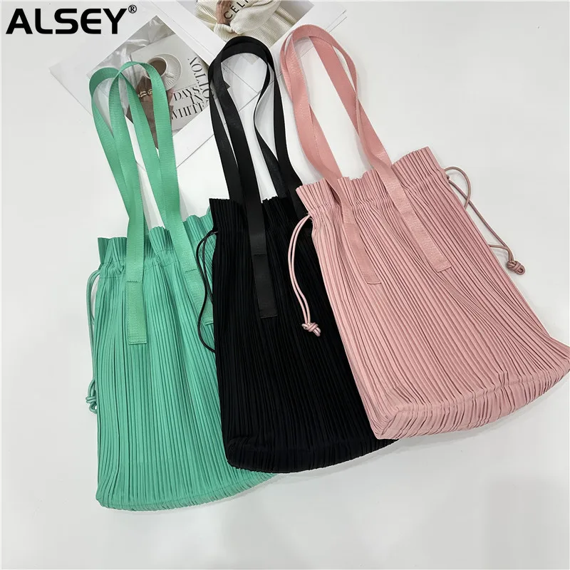 ALSEY Miyake Fashion Pleated Drawstring Closure Handbag Shoulder Bag Harajuku Wind Hundred Elegant Women\'s Bag Summer New