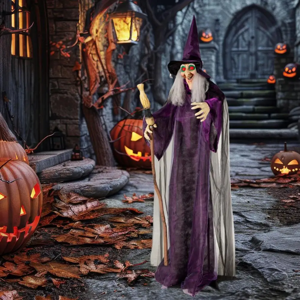 Ornamento de bruxa com olhos led assustador adereços de bruxa de halloween estátua de bruxa má com som de olhos brilhantes 5 pés pairando para festa