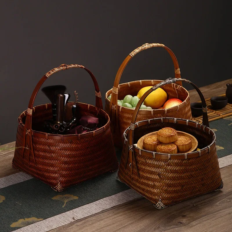 Retro Old Bamboo Weaving Storage Basket Outdoor Hand Picnic Basket Household Chinese Tea Set Storage Multifunctional Organizer