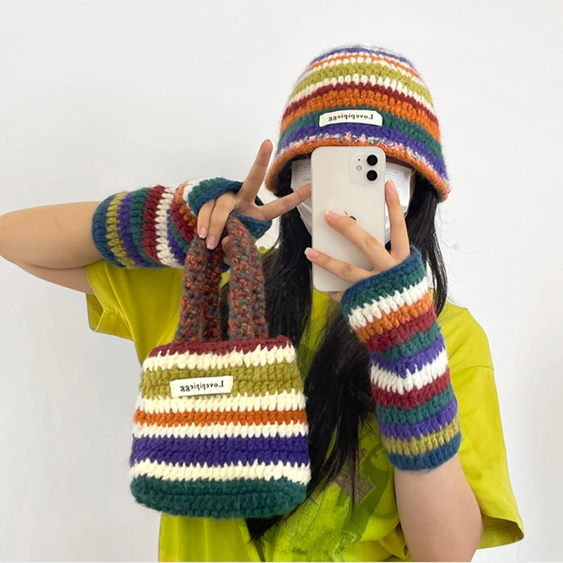 2023 Rainbow Striped Knitted Bucket Hats for Women Autumn Winter Warm Panama Y2K Beanies Set with Gloves Bag