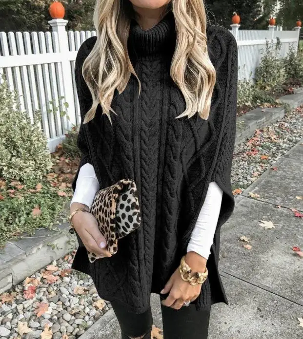 Autunno e inverno maglia da donna collo alto pasta fritta colpi di scena nodo manica a pipistrello maglione diviso maglione semplice allentato da donna