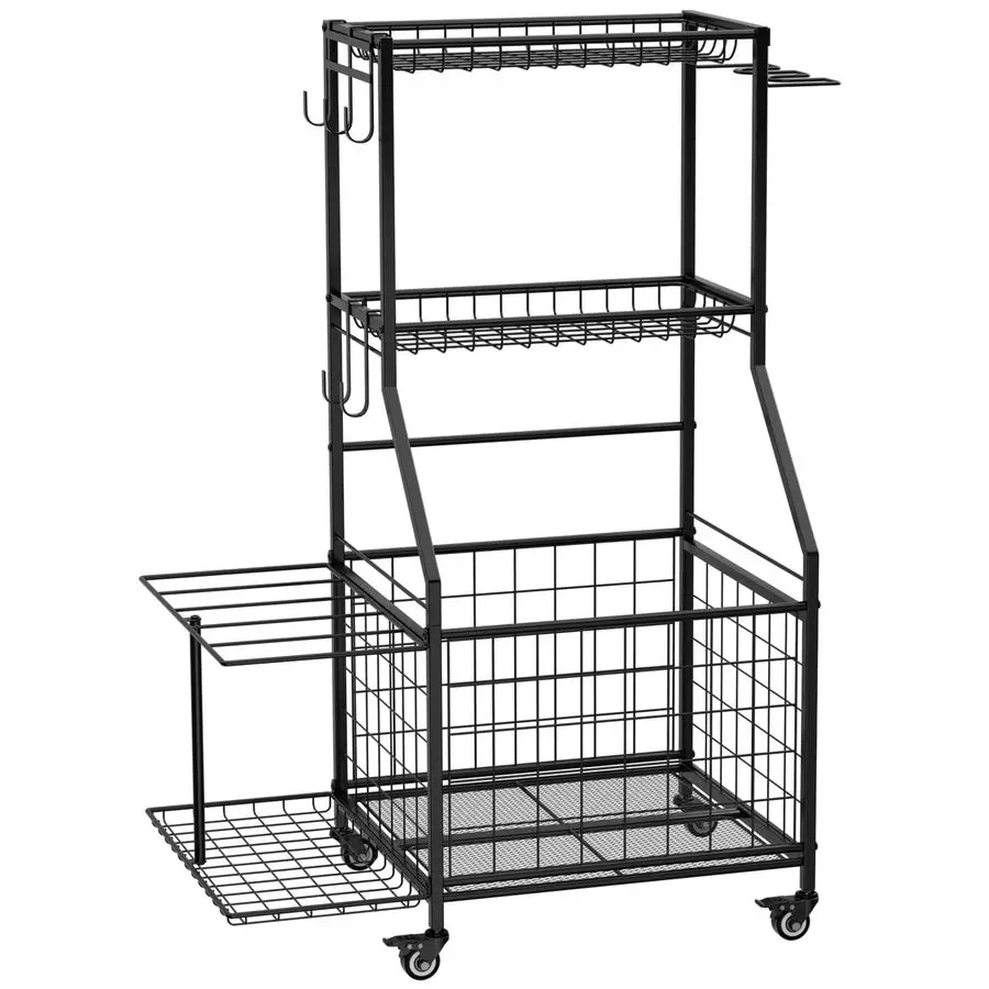 スポーツ用品オーガナイザー、ガレージボール収納ラック（バスケットとフック付き）、頑丈なホイール付きローリングボールカート（おもちゃ収納用）