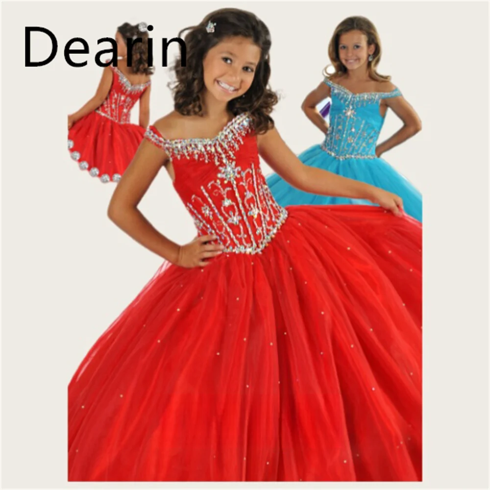 Customized Flower Girl Dress Dearin Shoulder Girdle A-line Floor Length Skirts Tulle Sequin Dresses