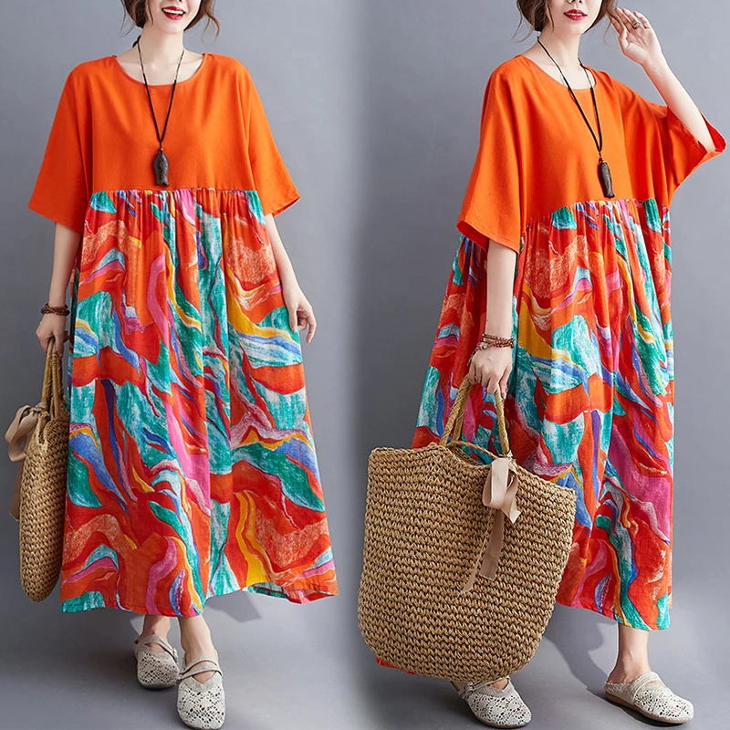 

plus Size Floral Print Patchwork Cotton Linen Batwing Sve Long Skirt Women's Summer Casual Dr Flared Hemline Maxi Dr