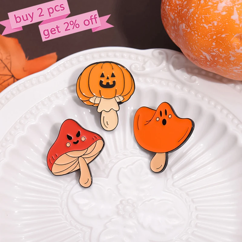 Cute Mushrooms Devil Enamel Pins Custom Pumpkin Colored Brooches Lapel Badges Punk Funny Halloween Jewelry Gift for Kids Friends