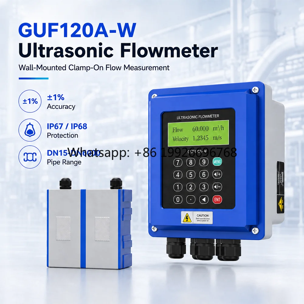 GUF120A-W Fixed Inline Ultrasonic Flow Meter Stainless Steel Pipe Clamp Water Flow Sensor with LCD Display