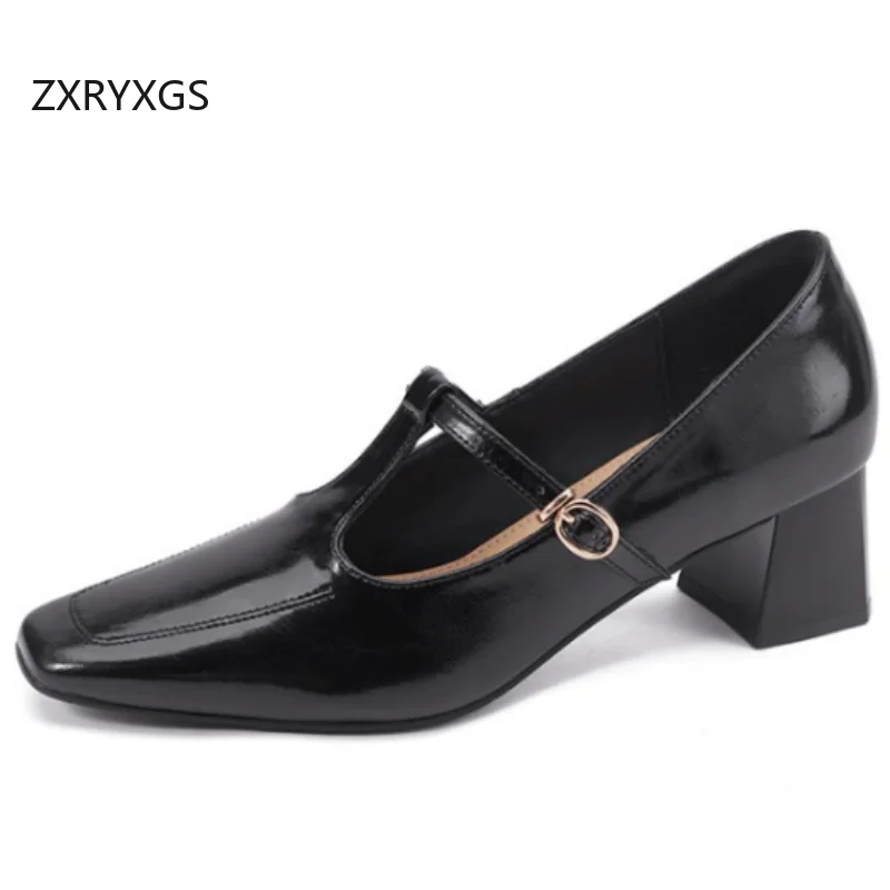 ZXRYXGS Top Cowhide Square Toe Women Mid Heels 2026 New Fashion Elegant Women's Genuine Leather Shoes Black Brown Trendy Shoes