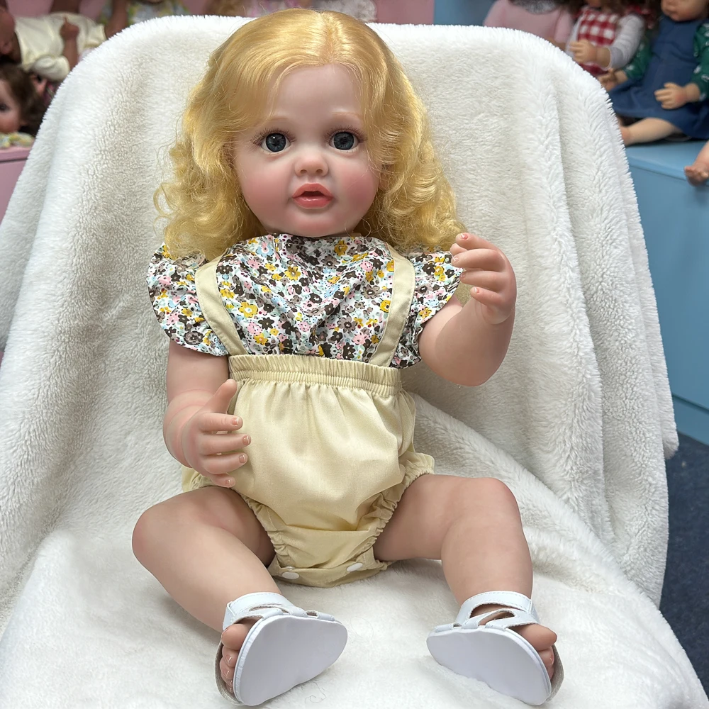 Bambola Reborn Girl in vinile da 22", capelli lunghi biondi, caratteristiche squisite, occhi azzurri, posizionabile, confezione regalo per collezionisti