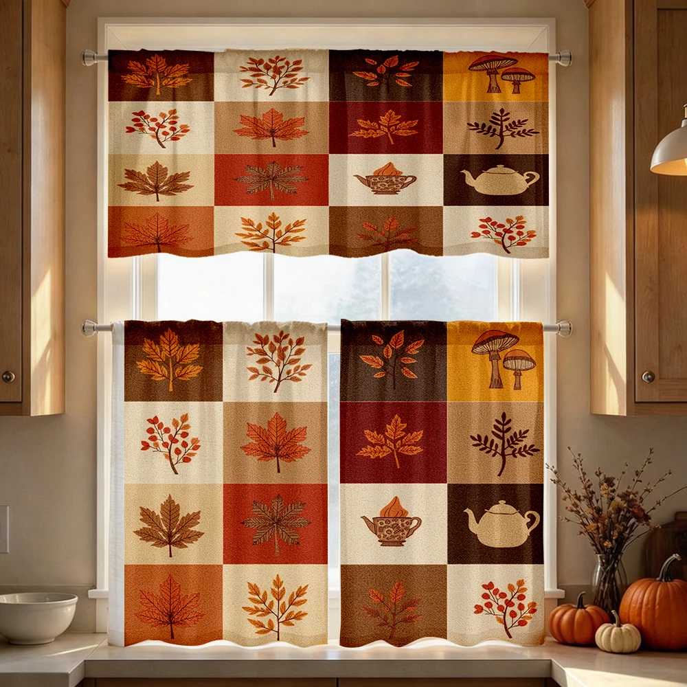 Farmhouse Kitchen Curtains, Patchwork Leaf Teapot, Digital Print, Kitchen Dining Room, Rod Pocket Polyester, Home Decor