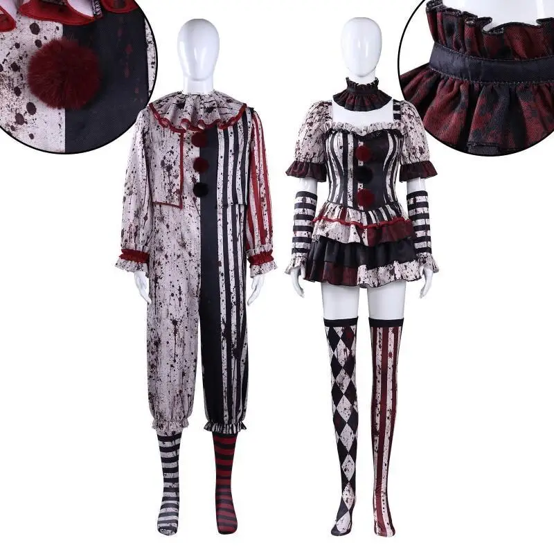 2026 New Unisex Bloody Horror Gothic Harlequin Pattern Cosplay Dress Full Set Gloves Stockings Men Women Halloween Carnival Cost