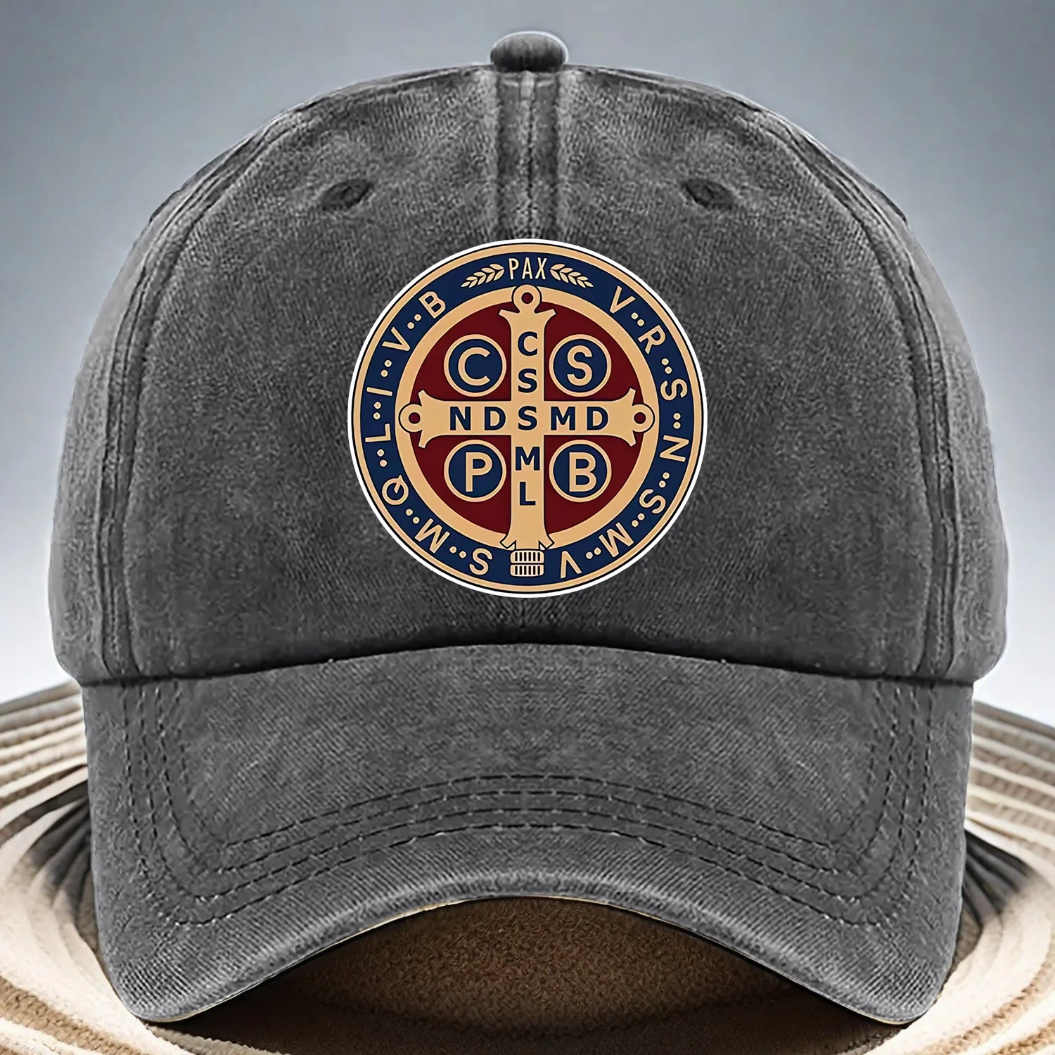 Adjustable Mustard Yellow St. Benedict Cross Baseball Cap - Lightweight, Breathable Polyester with Navigational Symbols
