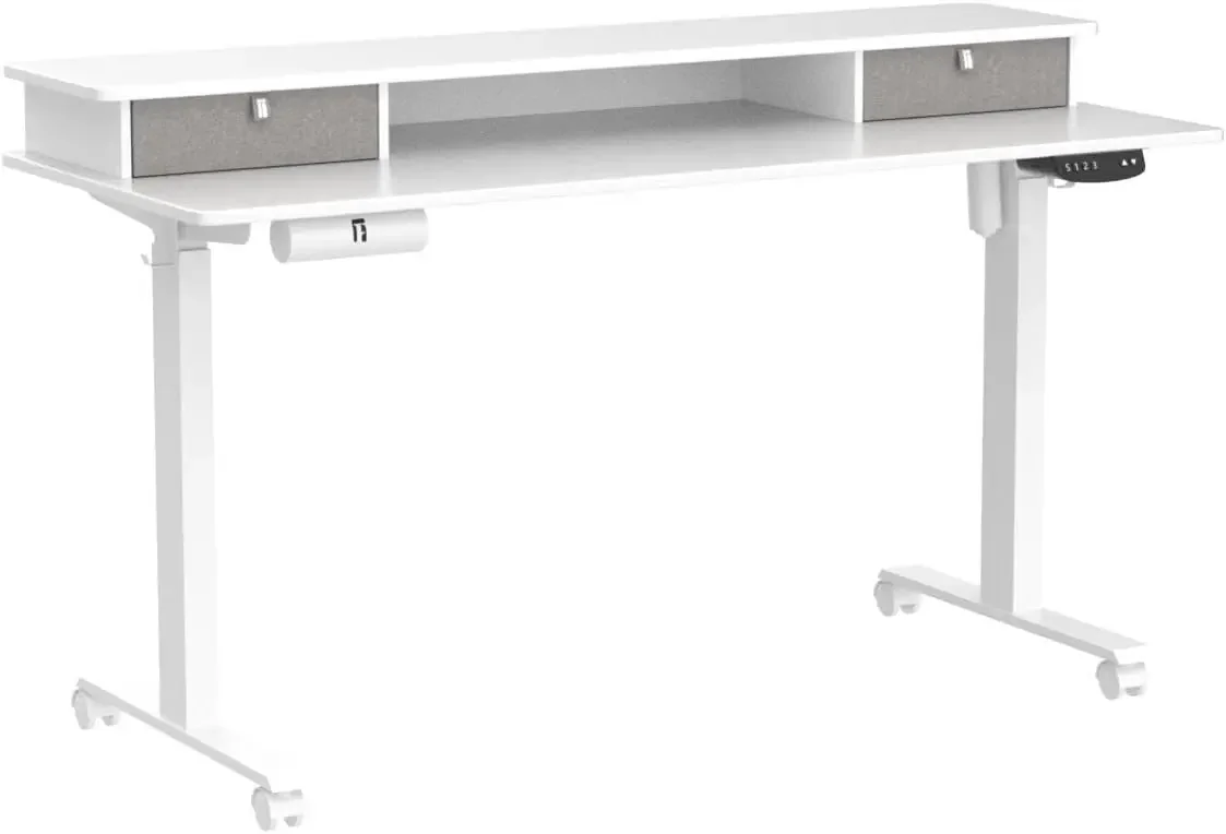 55 X 24 Inch Height Adjustable Electric Standing Desk with Double Drawer, Stand Up Desk W/ Storage Shelf, Sit Stand Desk, White