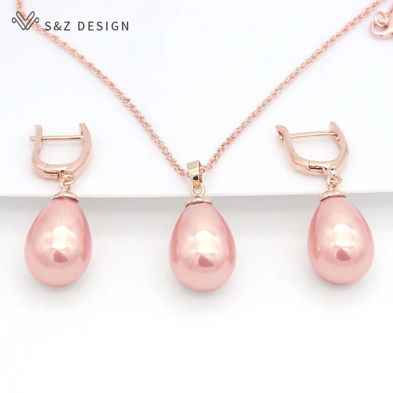 S & Z DESIGN New Fashion imitazione perle orecchini a goccia d'acqua 585 set di gioielli Color oro rosa per gioielli da donna per feste di matrimonio