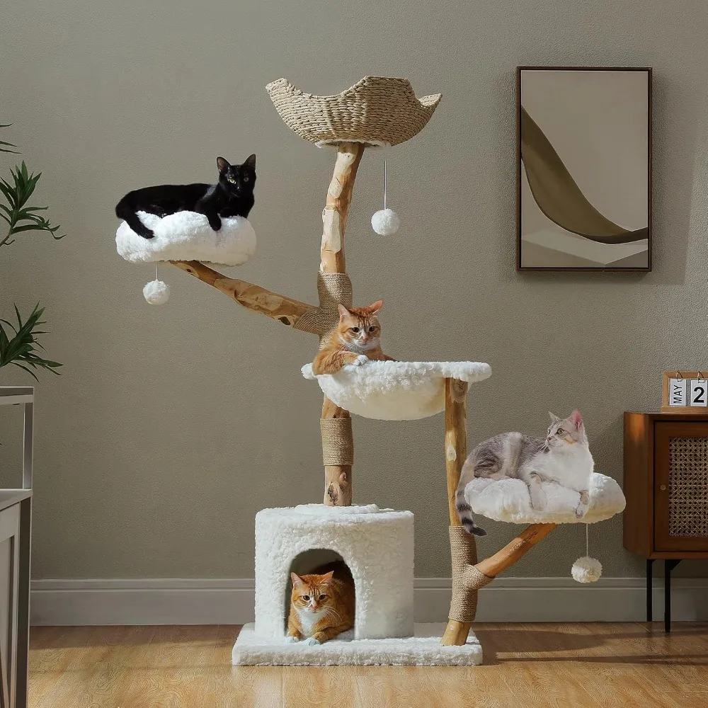 

Cat Tree for Indoor Cats Large Adults, 59 Inches Modern Cat Tower with Large Basket and Hammock, Natural Solid Wood,