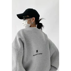 Women Letter Embroidery Gray Sweatshirts Oversize Long Sleeve O Neck Loose Pullovers Female Streetwear Hoodies Tops Autumn 2024