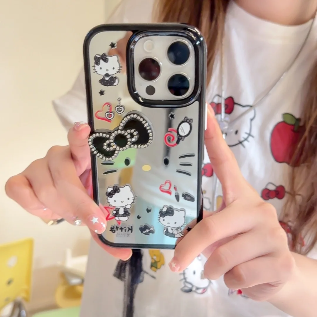 

Lovely Kawaii Cute black Hello Kitty Cartoon Mirror Phone Case For iPhone 16 15 14 13 12 Pro Max 16 Plus Y2K Cover