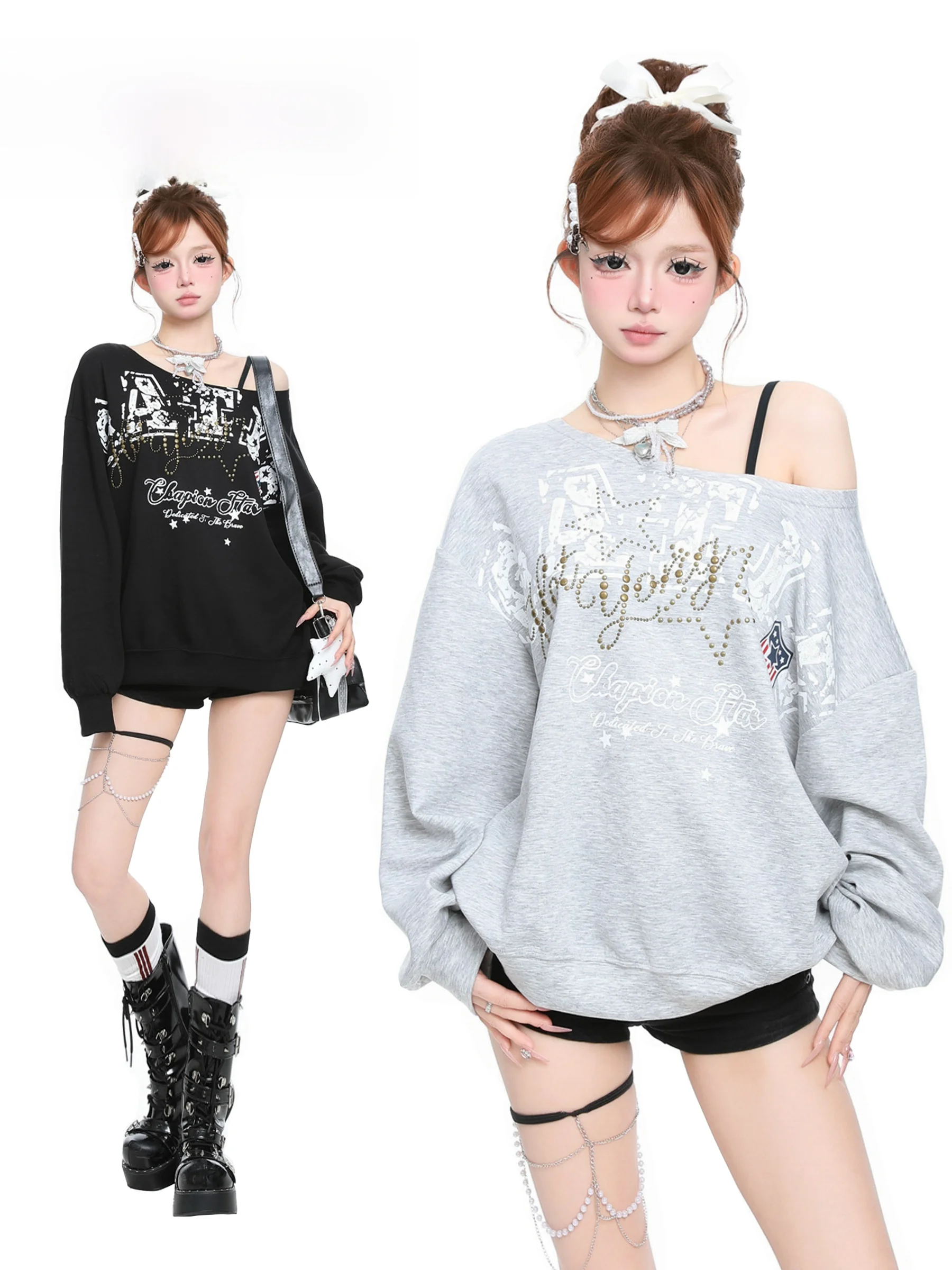 Basterds American Retro Letter Print Shoulder T-Shirt Women's Spring Spicy Girl Rivet Design Sense Top Long Sleeve Casual Str...