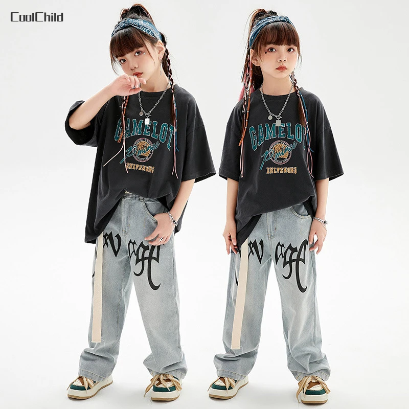 Girls Street Dance Print T-shirt Jeans Boys Hip Hop Clothes Set Kids Cool Jazz Denim Pants Outfits Teen Rap Costumes Streetwear