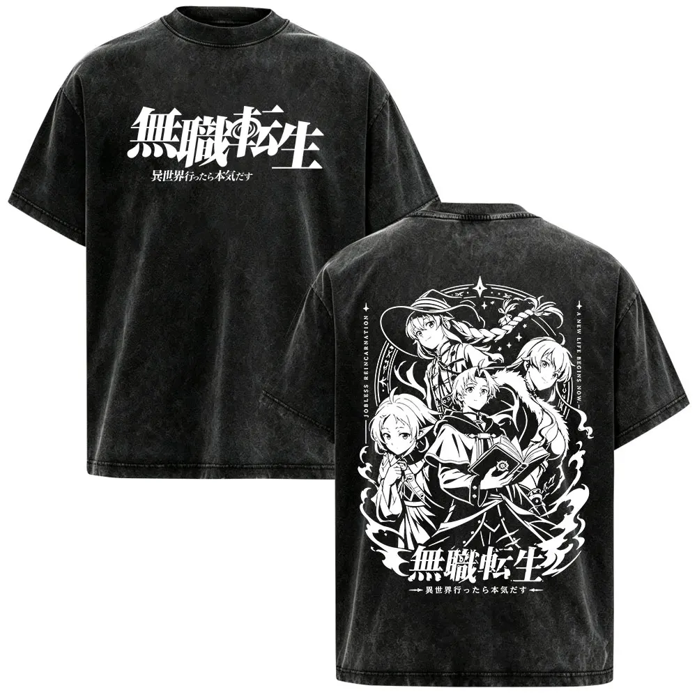 Mushoku Tensei Jobless Reincarnation T Shirt Vintage Washed Oversized Anime Roxy Eris Rudeus Unisex Fashion Short Sleeve T-shirt