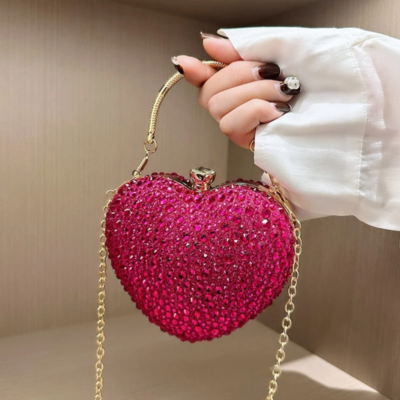 Luxury Diamond Inlay Heart Shape Crystal Clutch Purse Stones Evening Wedding Party Shoulder Bag Handle Rhinestone Mini Handbags