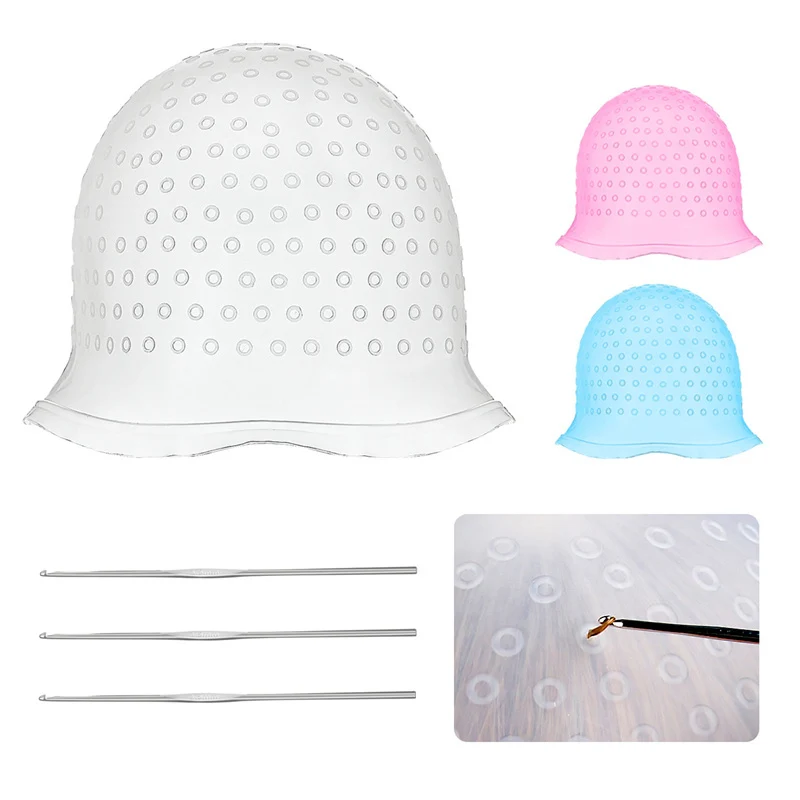 Salon Dye Silicone Cap With Needle Hair Coloring Cap Hair Highlights Hat Reusable Hairs Styling Cap Hair Dye Hairstyling Tools