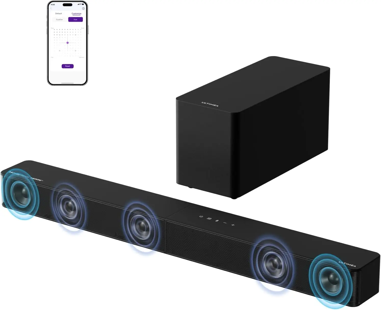 

Саундбар 5.1CH с сабвуфером, Dolby Atmos, VoiceMX, BassMX, управлением через приложение, мощностью 300 Вт для Smart TV и домашнего кинотеатра, Bluetooth 5.4 (модель 2025 года)