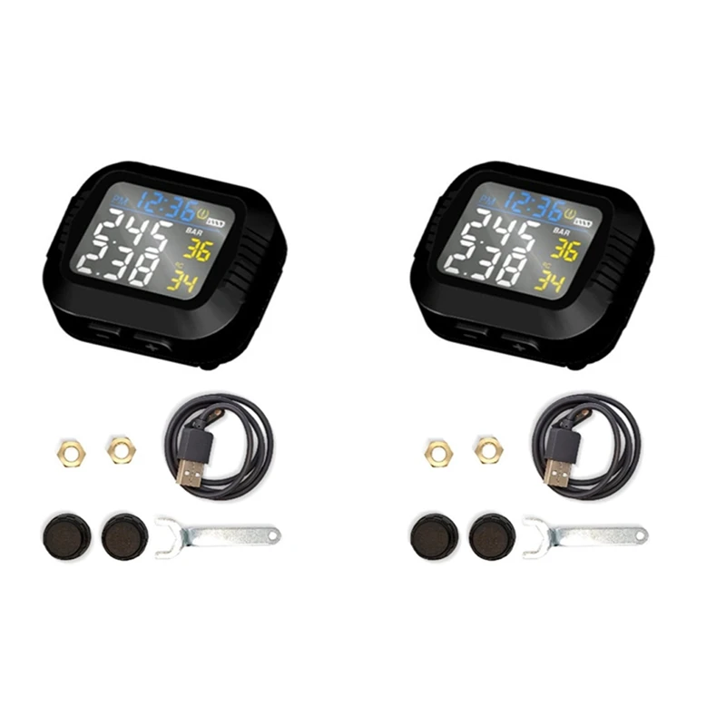 2x Waterdichte Motorfiets Real Time Bandenspanning Monitoring Systeem Externe Sensor Draadloze Lcd Display Moto Tpms