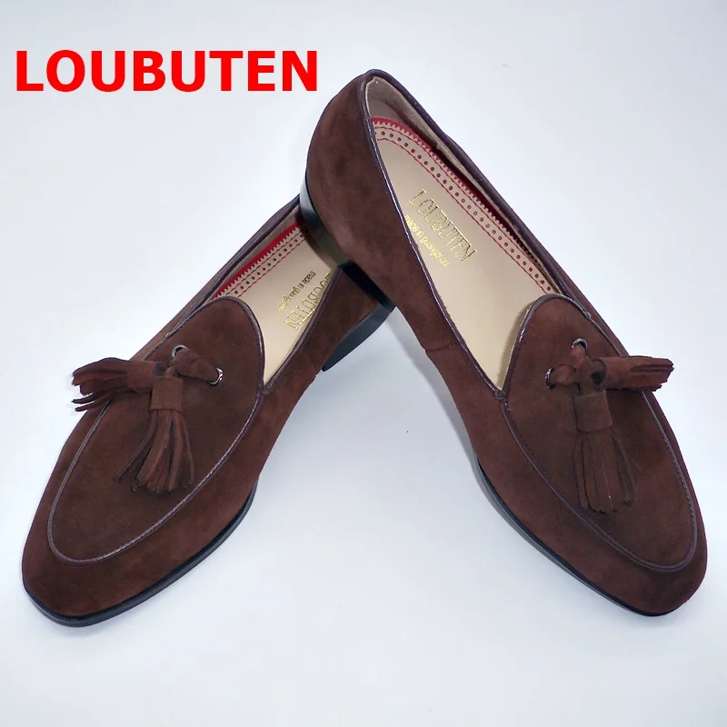 LOUBUTEN Brown Men Suede Shoes Handmade Fashion Tassel Loafers Men Italian Summer Leather Casual Shoes Business Mens Shoes