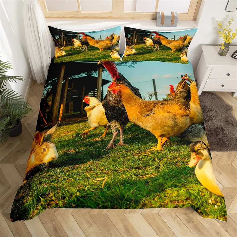 

Farm Animal Duvet Cover King Chicken Bedding Set Microfiber Rustic Cock Comforter Cover Rooster Bed Set For Boys Girl Room Decor