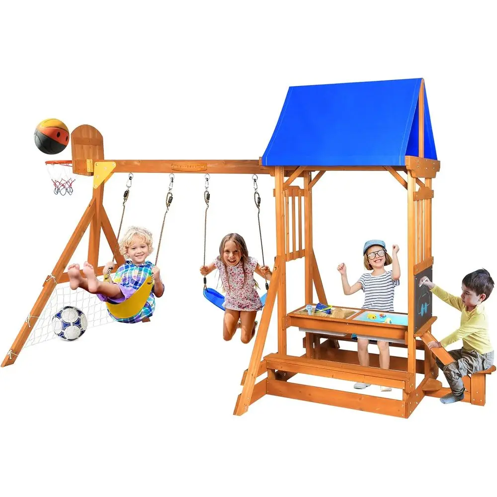 

6-in-1 Wooden Playground Playsets or Backyards, Outdoor Swing Sets or Kids Ages 3-6, Little Playground Set with Picnic Table, Di