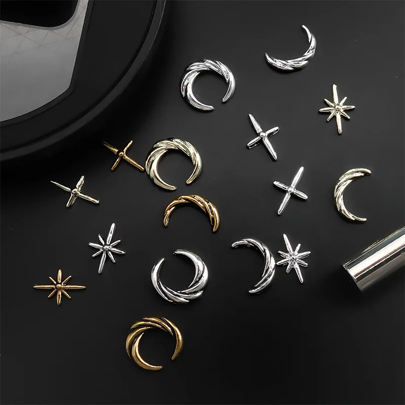 20PCS Retro Gold Silver Starlight Cross Crescent Moon Alloy Nail Art Rhinestones Decorations Manicure Ornaments Accessories