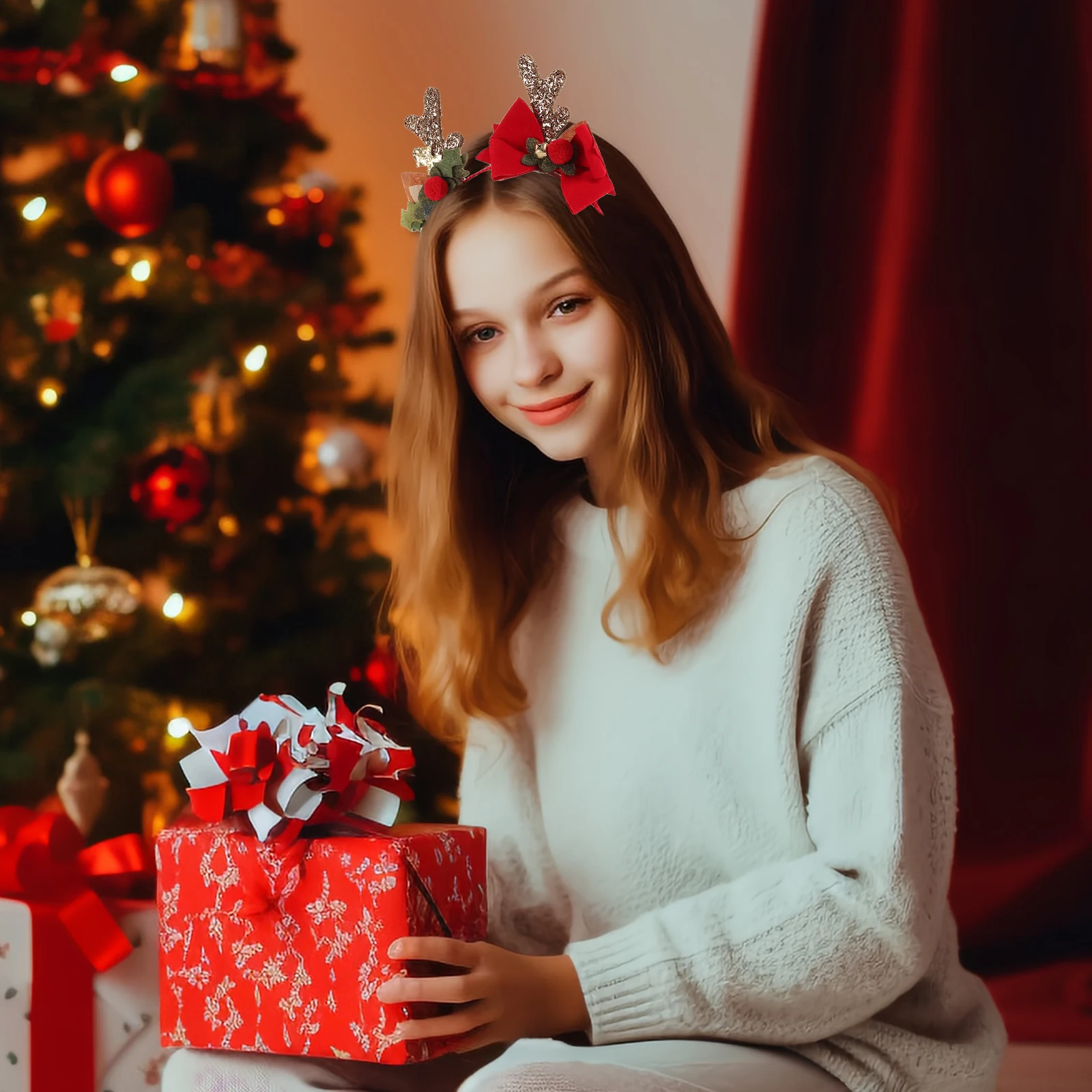 

Cute Christmas Headband with Antlers and Bow Stylish Decorative Hairband for Women Party Wedding Anniversary Celebration Use