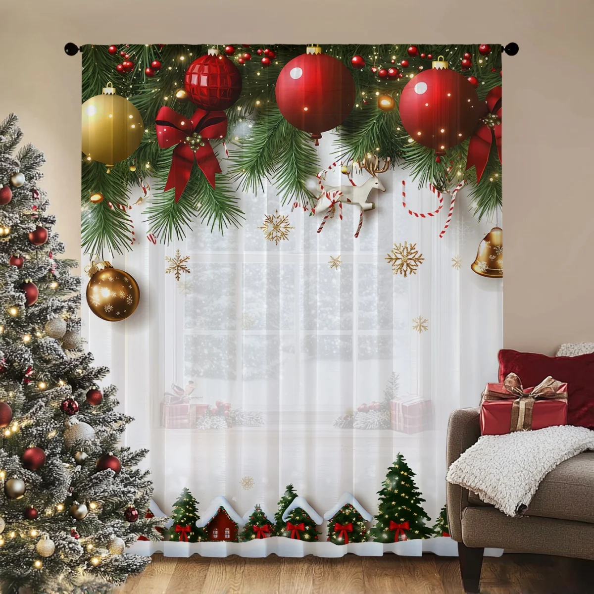 1Pc Holiday Christmas Ball Christmas Theme Printed Curtain,Digital Printed Polyester Curtain with Rod Pocket,Suitable for Living Room, Bedroom, Kitchen and Holiday Decoration,Christmas Curtain
