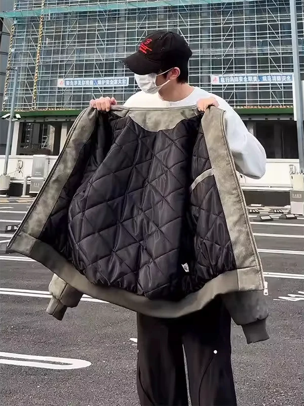 

Мужская зимняя теплая куртка-бомбер из хлопка и искусственной кожи с воротником-стойкой, на молнии, повседневная, цветная