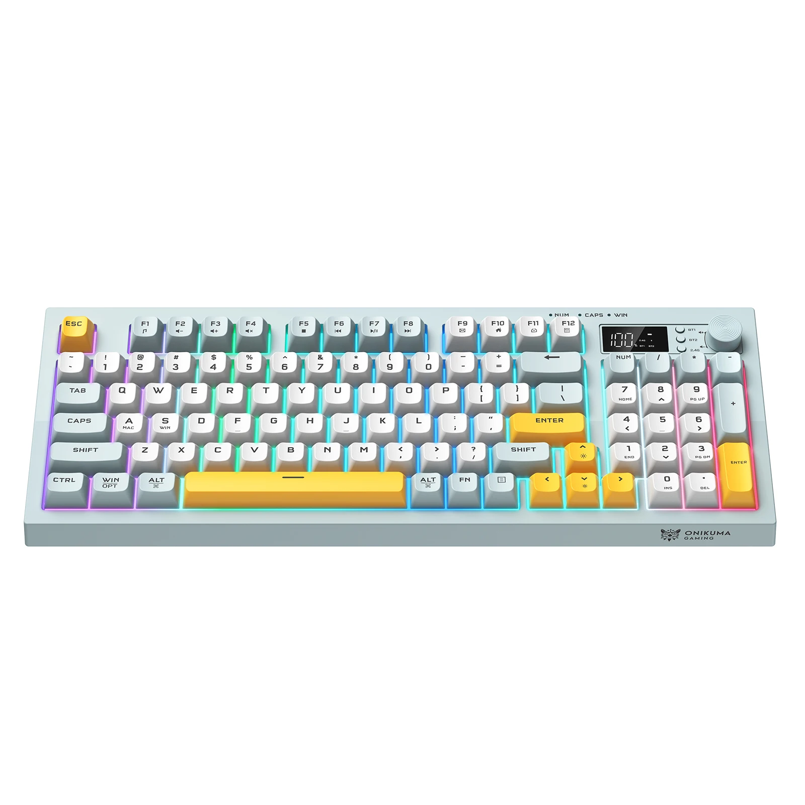 

Onikuma 2025 Новый G80 Трехрежимный проводной Bluetooth Беспроводная мембранная клавиатура Проставка Полная клавиша Горячая замена 94-клавишный электронный экран