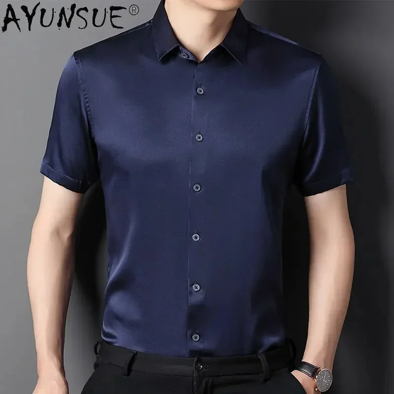 High End Silk Shirts for Men Summer Thin Business Casual Solid Clothes Short Sleeved 's Top Camisas